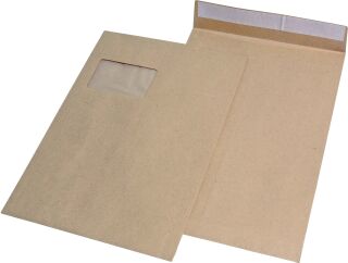 Faltentaschen - C4, Fenster, 20 mm-Falte, Klotzboden, haftklebend, 120 g/qm, braun, 100 Stück, 1 St.