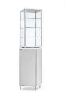Drehvitrine DRM41182 - 41,7 x 41,7 x 182,1 cm, mit LED-Streifenbeleuchtung / Alu silber, Holz lichtgrau / 3 Glas-Fachböden