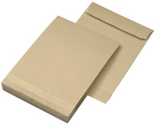 Faltentaschen - B4, ohne Fenster, 40 mm-Falte, Klotzboden, haftklebend, braun, 130 g/qm, 250 Stück, 1 St.