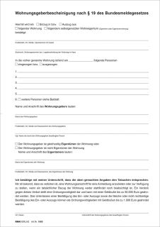 Wohnungsgeberbescheinigung nach § 19 Bundesmeldegesetz (BMG), 2 Seiten, DIN A4, 10 St.
