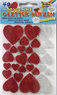 Moosgummi Glitter Sticker - 40 Herzen sortiert, selbstklebend, 1 St.