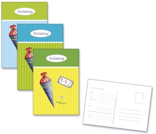 Einladungspostkarte Schulanfang - 6 Stück, blau-bunt, 1 St.