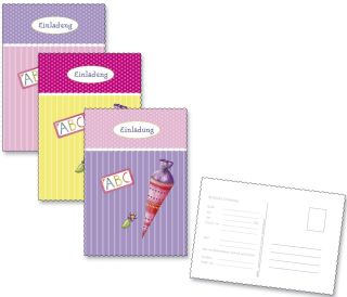 Einladungspostkarte Schulanfang - 6 Stück, rosa-bunt, 1 St.