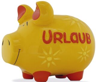 Spardose Schwein "Urlaub" - gelb, mittel , 2 St.