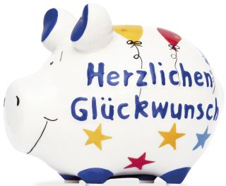 Spardose Schwein "Herzlichen Glückwunsch" - Keramik, klein, 3 St.