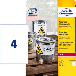 AVERY Zweckform wetterfeste Folienetiketten L4719-20 weiß 105,0 x 148,0 mm, 20 Blatt