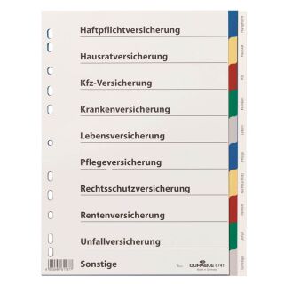 DURABLE Ordnerregister DIN A4 Vollformat blanko mit Deckblatt Versicherungen 2x blau, 2x gelb, 2x rot, 2x grün, 2x grau 10-teilig, 1 Satz