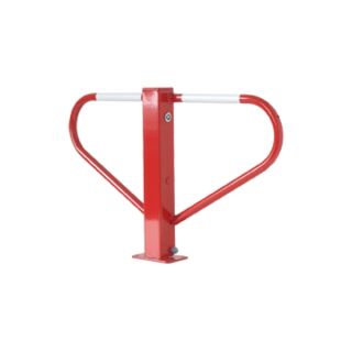 Parkplatzsperre 70x70 mm, umlegbar mit 8mm-Dreikantverschluss, zum Einbetonieren rot beschichtet, weiß reflekt. Leuchtstreifen