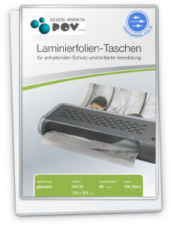 Laminierfolien A4 (216 x 303 mm), 2 x 80 mic, glänzend, Highspeed Folien (lange Seite geschlossen)