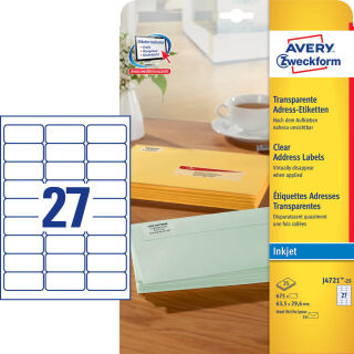 AVERY Zweckform Folien-Adressetiketten J4721-25 transparent 63,5 x 29,6 mm, 25 Blatt