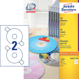 AVERY Zweckform CD-Etiketten L6043-100 weiß, 200 Etiketten