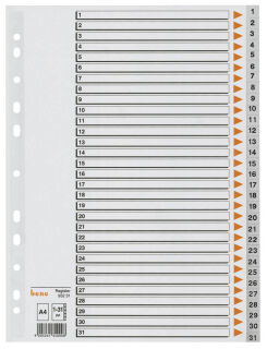 bene Ordnerregister DIN A4 Vollformat 1-31 grau 31-teilig, 1 Satz