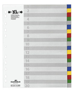 DURABLE Ordnerregister DIN A4 Vollformat, Überbreite blanko blau, gelb, rot, grün, grau 20-teilig, 1 Satz