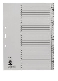 LEITZ Ordnerregister 1231 DIN A4 Vollformat, Überbreite 1-31 grau 31-teilig, 10 Satz