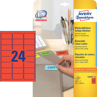 AVERY Zweckform Etiketten L6034-20 rot 63,5 x 33,9 mm, 20 Blatt