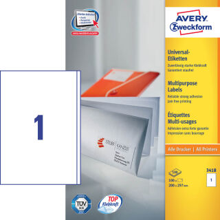 AVERY Zweckform Etiketten 3418 weiß 200,0 x 297,0 mm, 100 Blatt