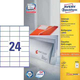 AVERY Zweckform Etiketten 3475 weiß 70,0 x 36,0 mm, 100 Blatt